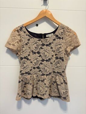 Monteau Beige Lace Peplum Blouse with Black Lining
